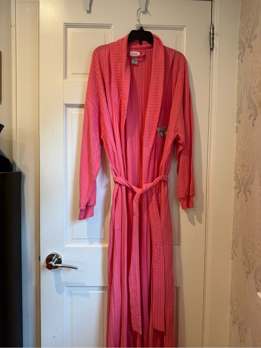Talbots Coral Pink 100% Cotton Waffle-Knit Robe- embroidered Floral pocket
